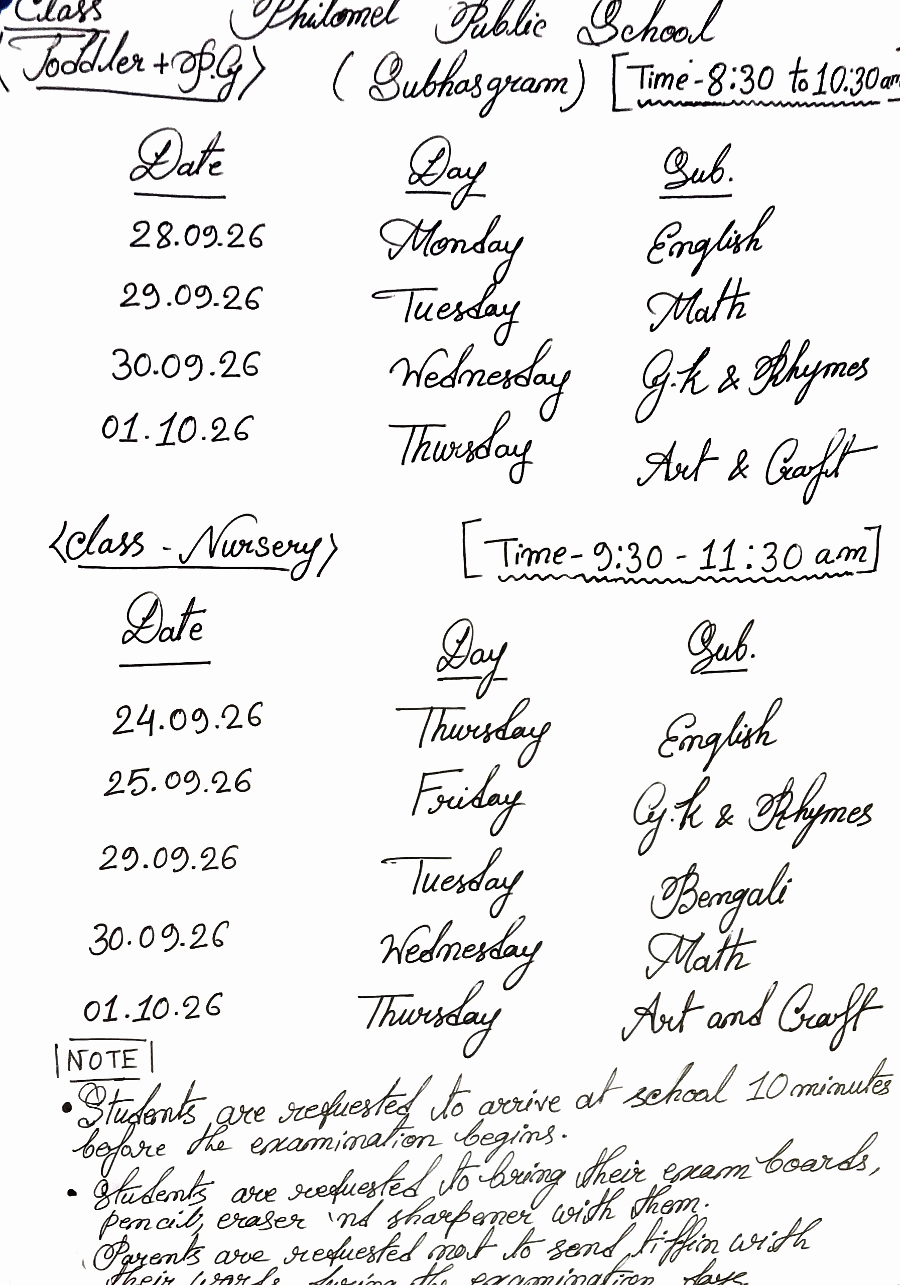 Toddler, PG Nursery S1 exam routine (2026-27)