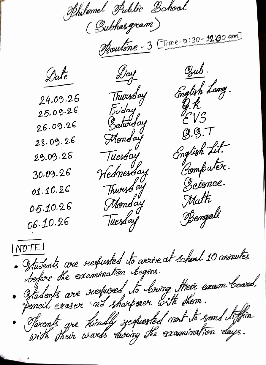 Class 3 S1 exam routine (2026-27)
