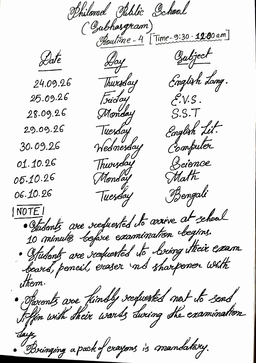 Class 4 S1 exam routine (2026-27)